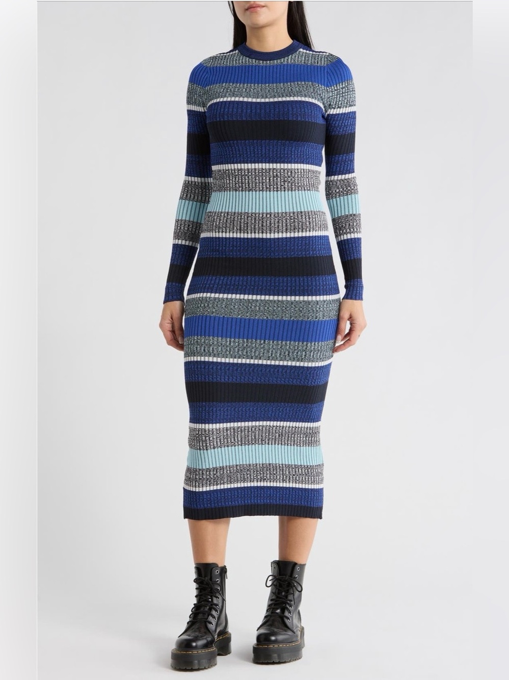 Desigual Blue Multi Striped Rib-Knit Midi Dress.  Amazing fabric!